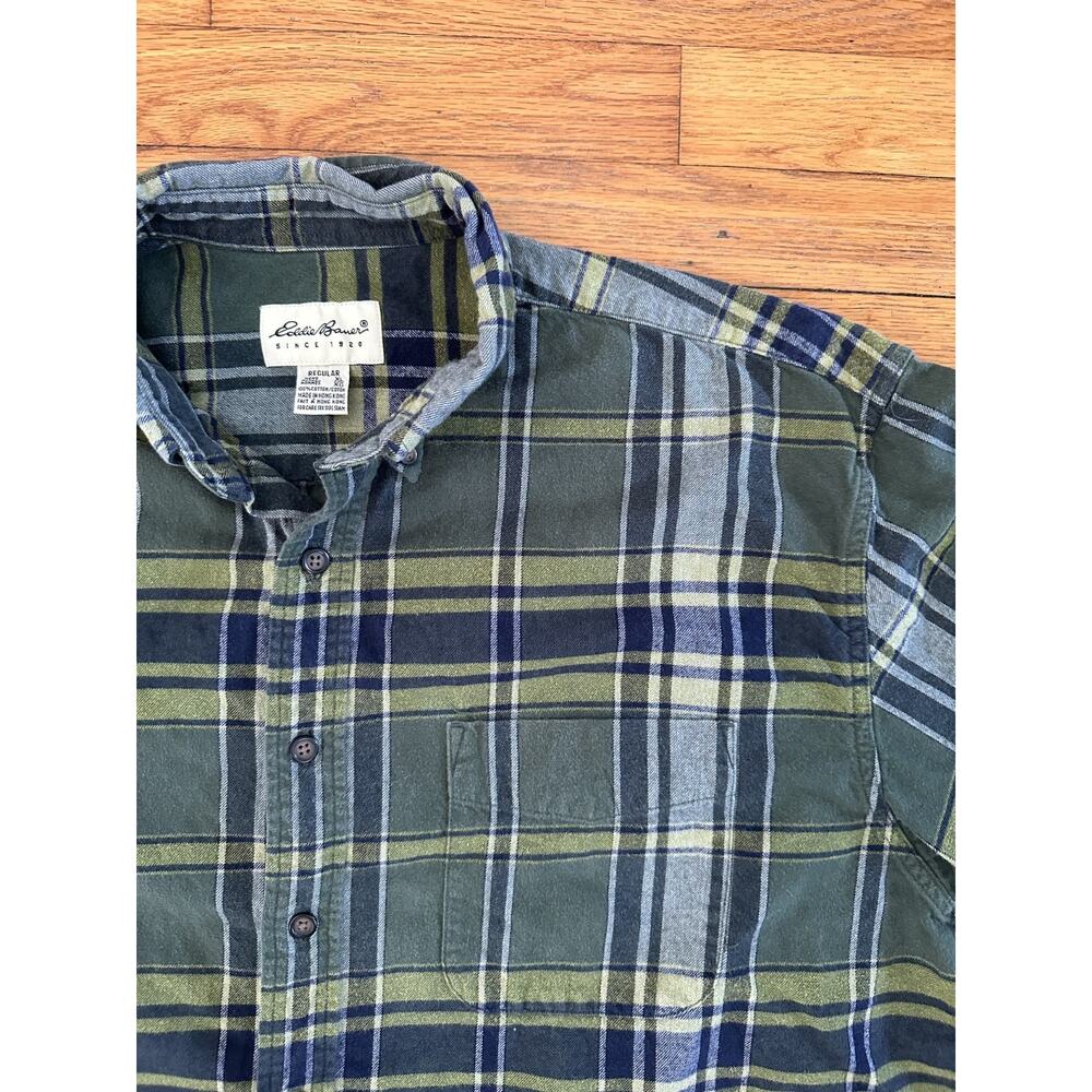 Eddie Bauer Outdoor Men's XL Green/Blue Plaid Flannel 100%Cotton Button-Up Shirt